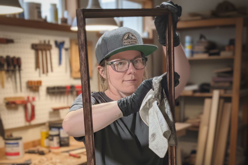 Person working on a wooden frame in a workshop